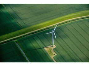 A wind turbine in a field of agricultural crops. Photographer: Krisztian Bocsi