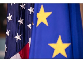 The European Union and United States flags.