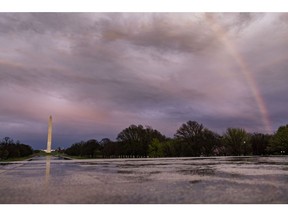 A rainbow above the Washington Monument on the National Mall in Washington, D.C.