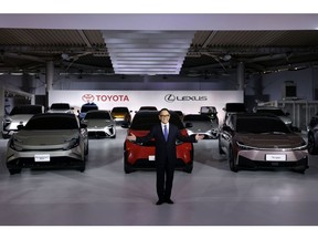 Toyota President Akio Toyoda during a December 2021 press conference where the company announced its ¥4 trillion EV investment plan. Photographer: Kiyoshi Ota/Bloomberg