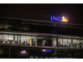 Signage at an ING Groep NV bank office in Amsterdam, Netherlands, on Friday, Feb. 1 2022. Societe Generale SA has entered into exclusive negotiations with ING to attract its French retail banking customers, as the Dutch lender exits the market.