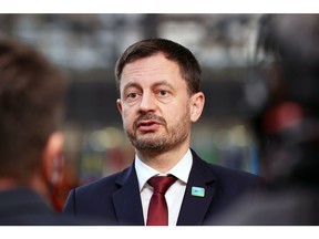 Eduard Heger, Slovakia's prime minister, speaks to members of the media at the European Union-Africa Union Summit in Brussels, Belgium, on Thursday, Feb. 17, 2022. Brussels welcomes about 40 African leaders for the first time in eight years, aiming to reset European relations with the continent as it vies with China for influence.