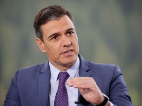 Pedro Sanchez, Spain's prime minister, during a Bloomberg Television interview on day two of the World Economic Forum (WEF) in Davos, Switzerland, on Tuesday, May 24, 2022. The annual Davos gathering of political leaders, top executives and celebrities runs from May 22 to 26.