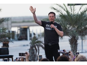 Elon Musk, co-founder and chief executive officer of Space Exploration Technologies Corp. (SpaceX) and Tesla Inc., during a news conference with Mike Sievert, president and chief executive officer of T-Mobile US Inc., not pictured, at the SpaceX Starbase facility in Boca Chica, Texas, US, on Thursday, Aug. 25, 2022. T-Mobile is partnering with Elon Musk's SpaceX to offer wireless phone service in remote parts of the US where coverage is spotty.