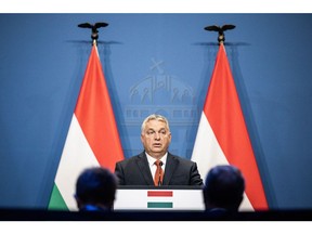 Viktor Orban, Hungary's prime minister, speaks during a news conference in Budapest, Hungary, on Monday, Oct. 3, 2022. Hungary's parliament is likely to approve Monday the first of more than a dozen anti-corruption measures that the government has vowed to implement to unlock billions of euros in European Union funds.