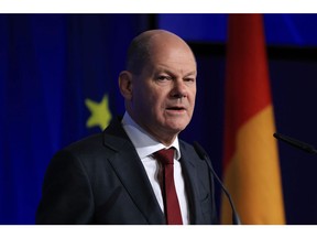 Olaf Scholz, Germany's chancellor, at the Berlin Security Conference in Berlin, Germany, on Wednesday, Nov. 30, 2022. Germany and Norway proposed a NATO center to strengthen the protection of underwater pipelines and cables, underscoring heightened concerns that such infrastructure could be a target for sabotage.