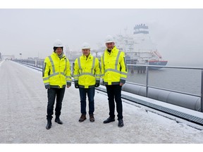 Robert Habeck, Germany's economy minister, left, Olaf Scholz, Germany's chancellor, center, and Christian Lindner, Germany's finance minister, visit the Hoegh Esperanza LNG floating storage regasification unit (FSRU), part of the Wilhemshaven LNG Terminal operated by Uniper SE, ahead of the terminal's inauguration in Wilhelmshaven, Germany, on Saturday, Dec. 17, 2022. The inauguration of the import terminal will mark an important step for Germany, which has been dependent on Russian pipeline gas for decades and suffered severely since the shipments have stopped this year.