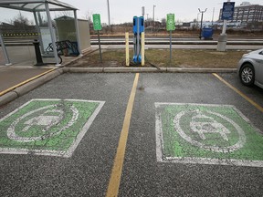 An EV charging station is shown in Windsor, Ont. on Thursday, January 13, 2022. In the first six months of 2022, sales of fully-electric and plug-in hybrid vehicles made up just 7.2 per cent of new car registrations.