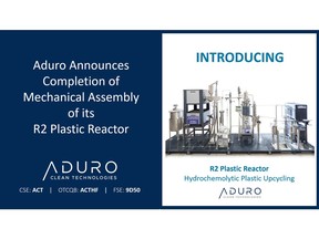Aduro announces it has completed construction and mechanical assembly of its pilot-scale Hydrochemolytic™ continuous flow plastic ("R2 Plastic") reactor.