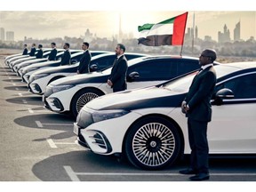 Chauffeurs trained in the newly opened Chauffeur Academy in Dubai pictured with an all-electric Mercedes-Benz EQS fleet.
