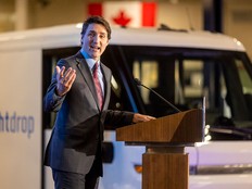 Prime Minister Justin Trudeau speaks at the Ingersoll plant making Brightdrop electric vans.