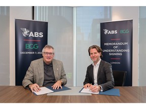 (Left to Right) ABS Chairman, President and CEO Christopher J. Wiernicki and Peter Jameson, Partner and Global Lead for Climate and Sustainability in BCG's Infrastructure, Transport and Cities practice, sign MOU to provide joint support to clients' decarbonization journeys.