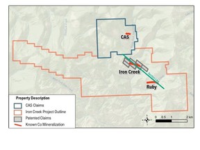 Figure 1. CAS property showing its location relative to the Iron Creek and Ruby target areas. Location of historic drilled vein hosting Co-Au mineralization shown along with a section line used in Figure 2.