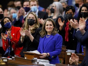 Finance Minister Chrystia Freeland gets a standing ovation, as she delivers the 2022-23 budget in the House of Commons on Parliament Hill in Ottawa, April 7, 2022.