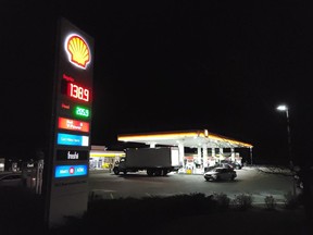 A gas station displays its prices in Bowmanville, Ont., Monday, Dec. 5, 2022. Drivers hoping for cheaper gas can fill up after gas prices across Canada dropped today to 143 cents, less than 10 cents above the price average one year ago.