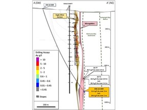 Cross section (100 m total width) highlighting EM-22-009 intercept and historical intercepts in the hanging wall microgabbro north of the main Eagle mine horizon (Source: Maple Gold news release of August 15, 2022).