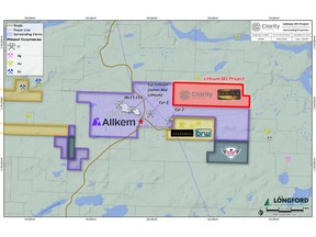 Location of Lithium381 Project showing nearby properties and total pit outline on Allkem's James Bay Lithium Project from the Allkem Feasibility Study.