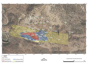 Plan map showing the projection to surface of the historical La Romanera deposit in red, the outline of the surface projection based on Emerita's drilling to date in blue and the projection of the conductive plate from the geophysical survey in yellow.  The deposit remains open along strike and at depth.  As illustrated on the longitudinal sections below, the extent of the massive sulphide deposits has been expanded, although as with the historic estimate, a portion of the massive sulphide is low grade and will fall below cut-off grades.