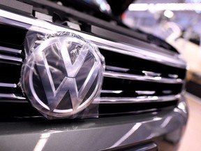 The Volkswagen AG logo in a production line at the Volkswagen plant in Wolfsburg, Germany.