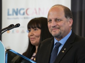 Haisla Chief Councillor Crystal Smith and Kitimat Mayor Phil Germuth speak during a press conference announcing the signing of a Declaration of Final Investment Decision for a LNG project in Kitimat in 2018.