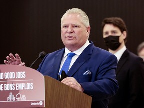 Ontario Premier Doug Ford speaks at the Stellantis Automotive Research and Development Centre in Windsor, Ont.