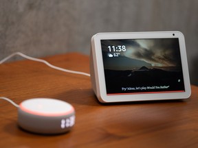 An Amazon.com Inc. Echo Show 8 device displayed during an unveiling event at the company's headquarters in Seattle, Washington,