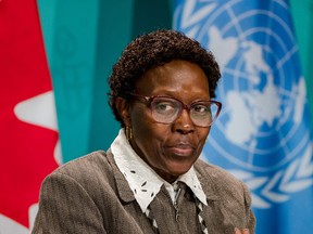 Elizabeth Maruma Mrema, executive secretary of the UN Convention on Biological Diversity, speaks during a press conference at COP15.