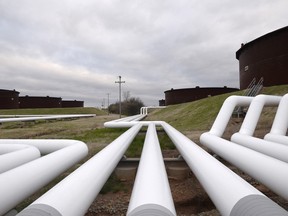 Pipelines run to Enbridge Inc.'s crude oil storage tanks at their tank farm in Cushing, Oklahoma.