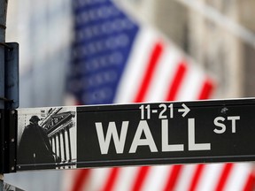 A Wall Street sign outside the New York Stock Exchange.