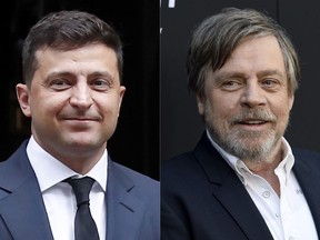 This combination of photos shows Ukraine President Volodymyr Zelensky after a meeting with Britain's Prime Minister Boris Johnson, in London on Oct. 8, 2020, left, and actor Mark Hamill at the premiere of the film Child's Play" in Los Angeles on June 19, 2019. (AP Photo)