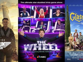 This combination of images shows "Top Gun: Maverick," streaming Dec. 22 on Paramount+, left, "The Wheel," a celebrity game show hosted by British comedian Michael McIntyre, premiering Dec. 19 on NBC, center, and "Glass Onion: A Knives Out Mystery" streaming Dec. 23 on Netflix. (Paramount+/NBC/Netflix via AP)