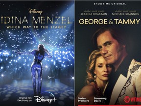 This combination of images shows promotional art for "Something from Tiffany's," a film premiering Dec. 9 on Prime Video, from left, the Disney+ documentary "Idina Menzel: Which Way to the Stage?," "George & Tammy" a Showtime series premiering Dec. 4 and "Emancipation," a film premiering on Apple TV+ on Dec. 9. (Prime Video/Disney+/Showtime/Apple TV+ via AP)