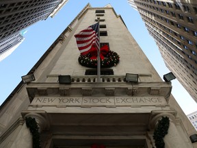 Signage is seen at the New York Stock Exchange in December.
