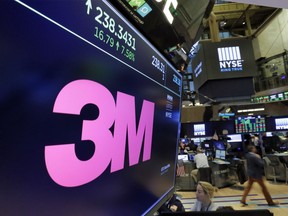 FILE - The logo for chemical and consumer products maker 3M appears on a screen above the trading floor of the New York Stock Exchange on Oct. 24, 2017. The company said Tuesday, Dec. 20, 2022, that it will phase out manufacturing of "forever chemicals" and try to get them out of all their products by the end of 2025.