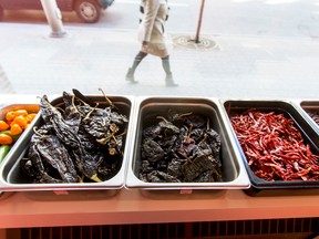 Hot peppers inside a Quesada Burritos and Tacos store in Calgary.