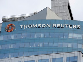 The Thomson Reuters logo is seen on the company's building in Times Square, in New York.