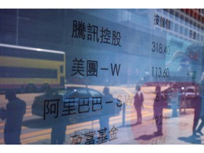 An electronic screen displays the stock figures for companies including Tencent Holdings Ltd., Meituan and Alibaba Group Holding Ltd. in Hong Kong, China, on Tuesday, March 15, 2022. Chinese stocks suffered another deep selloff on Tuesday as concerns about the country's ties with Russia and persistent regulatory pressure sent shares on a downward spiral. Photographer: Paul Yeung/Bloomberg
