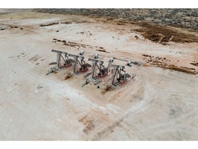 Pumpjacks on the outskirts of town in Midland, Texas, U.S. on Monday, April 4, 2022. West Texas, the proud oil-drilling capital of America, is now also on the cusp of becoming the earthquake capital of America.