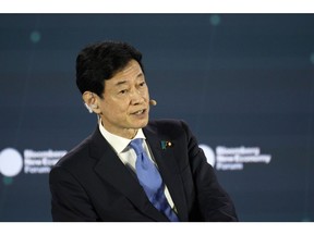 Yasutoshi Nishimura, Japan's economy minister, speaks during the Bloomberg New Economy Forum in Singapore, on Tuesday, Nov. 15, 2022. The New Economy Forum is being organized by Bloomberg Media Group, a division of Bloomberg LP, the parent company of Bloomberg News.