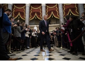 Representative Kevin McCarthy, a Republican from California, exits after speaking to members of the media following a meeting of the 118th Congress at the US Capitol in Washington, DC, US, Saturday, Jan. 7, 2023. McCarthy achieved his long-held ambition of becoming House speaker after quelling a rebellion by GOP conservative hardliners, but at the cost of further weakening his precarious position within a sharply divided party.