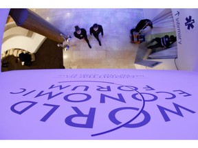 The logo the World Economic Forum (WEF) inside the Congress Centre in Davos, Switzerland, on Monday, Jan. 16, 2023. The annual Davos gathering of political leaders, top executives and celebrities runs from January 16 to 20.
