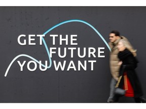 A pavilion with the slogan "Get The Future You Want" ahead of the World Economic Forum (WEF) in Davos, Switzerland, on Monday, Jan. 16, 2023. The annual Davos gathering of political leaders, top executives and celebrities runs from January 16 to 20.