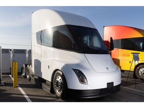 A Tesla Semi electric truck parked outside the Frito-Lay manufacturing facility in Modesto, California, US, on Wednesday, Jan. 18, 2023. PepsiCo's Frito-Lay is replacing its diesel-powered freight equipment with zero-emission trucks, solar panels and energy-storage systems at it's Modesto plant.