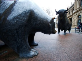 Bear and bull statues outside Frankfurt's stock exchange in Germany.