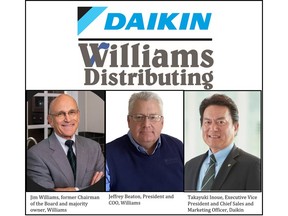 Daikin Comfort Technologies North America has acquired Williams Distributing, a distribution powerhouse for HVAC equipment and residential building products in the Great Lakes region. (Left to right) Jim Williams, former Chairman of the Board and majority owner for Williams; Jeffrey Beaton, President and COO of Williams; Takayuki Inoue, Executive Vice President and Chief Sales and Marketing Officer for Daikin.