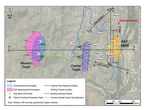 Figure 1. Plan view of proposed pads and drill roads to test Central Target (pads C1 and C2) and Western Target (pads W1 and W2).