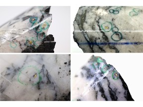 Figure 1: Photos of mineralization from: Top L: at ~427.5m in NFGC-22-863, Top R: at ~88.2m in NFGC-22-704, Bottom L: at ~23m in NFGC-22-733, Bottom R: at ~380.25 in NFGC-22-774. ^Note that these photos are not intended to be representative of gold mineralization in holes NFGC-22-704, NFGC-22-733, NFGC-22-774 and NFGC-22-863.