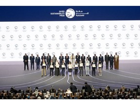 January 16, 2023: Winners of the 2023 Zayed Sustainability Prize stand on stage with global leaders.