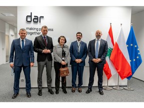 [Right to left] Dar Regional Director of Operations Danny Aoun, Dar Chairman and CEO Talal Shair, HE the Lebanese Ambassador to Poland Reina Charbel, CEO of CPK Mikołaj Wild, and Director of Aviation at CPK Piotr Kasprzyk.