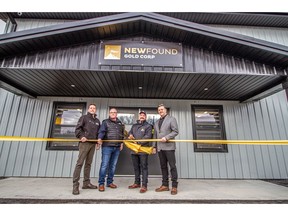 Figure 1: Ribbon Cutting at Grand Opening of New Found Gold's Giga-Shack in Gander, Newfoundland. From left to right, Brad Eisen (Gander and Area Chamber of Commerce), Darren White (Riverstone Construction), Greg Matheson (New Found Gold), Percy Farwell (Town of Gander).